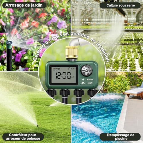 4 Way Water Timer with Brass Inlet, Large LCD Display, Automatic Watering for Garden, Programmable Irrigation, Simple Use, Rain Delay Manual Watering for Lawn