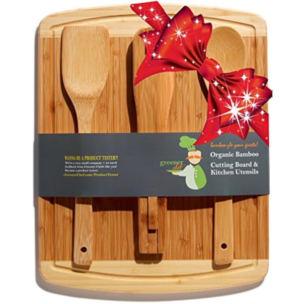 Bamboo Cutting Board Housewarming Gift Set With Bonus 3Piece Cooking