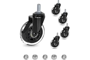 8T8 3 Inch Office Chair Caster Wheels Heavy Duty, Set of 5, 3/8"-16x1 (Not Metric M10), Threaded Stem Casters with Nuts, Replacement PU Rubber Wheels, Safe for Hardwood Tile Floors
