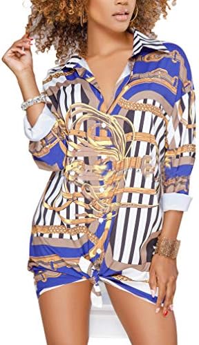 Hemkry Women Button Down Collar Dashiki Floral Long Shirt Blouse Mini Dress Top