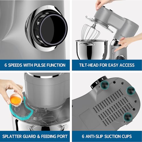 Vospeed Stand Mixer 8L Cake Mixer Electric Kitchen Food Mixer with Stainless Steel Bowl, Beater, Dough Hook, Whisk for Baking, Dishwasher Safe (Grey)