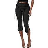 MakeMeChic Women's Going Out Pants Lace Up Y2K Capri Pants High Waisted Ruched Leggings