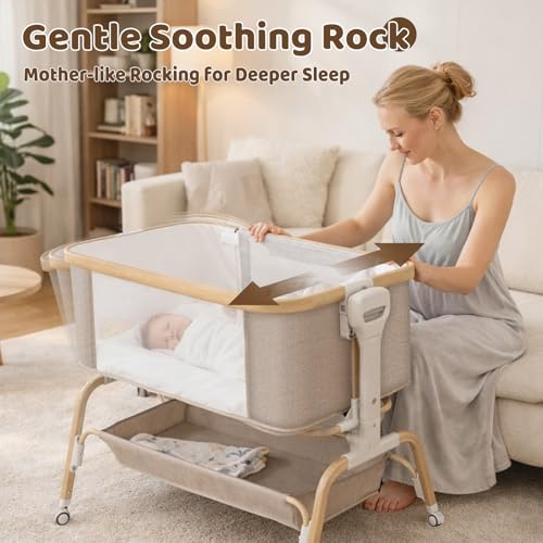 Baby Bassinet, Rocking Bedside Sleeper, Detachable & Portable Bassinet with 8-Level Height, Breathable Mesh, Storage Basket & Rotating Mobile Toy for Newborns Infant(Khaki)