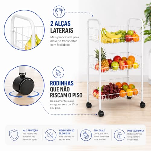 Fruteira 3 Andares com Rodinhas, Aço Resistente, Branca, 63x36,5x24 cm, com 2 Alças Laterais, para Cozinha