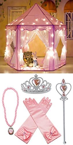 Princess Play Castle Tent Bundle. A Large Hexagon (Gazebo Style) Fun Pink Playhouse Perfect For Girls / Children / Toddlers By GS Brand. Also Included In This Bundle Is A Pink Princess Dress up Party