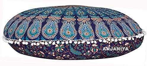 Harsh House Fashions Blue Mandala Tapestry Soft Cozy Handmade Large Floor Cushion Cover Pouf Ottoman Without Filler 32" Inches