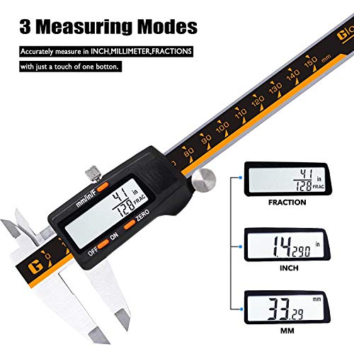 GlowGeek CD-6-150 Quality Electronic Digital Vernier Caliper Inch/Metric/Fractions Conversion 0-6Inch/150mm Stainless Steel Body Orange/Black Extra Large LCD Screen Auto Off Featured Measuring Tool - Thumbnail 3