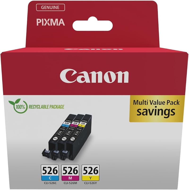 Canon CLI-526 Cyan Magenta Yellow Ink Cartridge 3 Pack Original Recycled