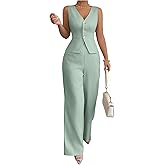 SOLY HUX Women's 2 Piece Business Casual Outfits Button Up V Neck Suit Vest and Pants Set