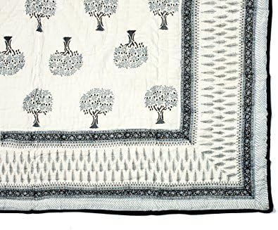 Avran Hand-made Double-sided Queen Size Block-printed Indian Quilts from Jaipur - White with Round and Pine Trees in Black Print