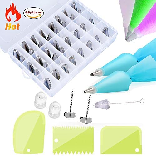 56 Pieces Cake Decorating Supplies Kit with 36 Stainless Steel Icing Tips, 2 Silicone Pastry Bags, 2 Flower Nails, 2 Reusable Plastic Couplers, 1 Cake Brush, 3 Cake Scrapers, 10 disposable bag Decorat