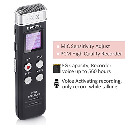 EVISTR Slim Digital Voice Recorder Black 8GB / 560 Hours Capacity