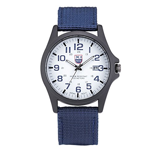Military Watch,Men Analog Watches Army Filed Tactical Sport Wrist Watches Canvas Strap Calendar Date (Blue)