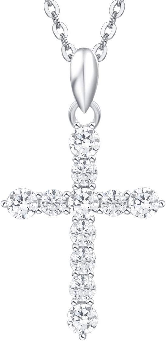 Carleen Yellow Gold Plated Sterling Silver Cubic Zirconia CZ Simulated Diamond Cross Crucifix Pendant Necklace Jewelry for Women Girls, 18" Silver Chain Nice Gifts Jewelry Box