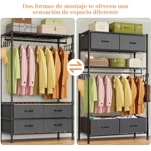 Estante de Ropa,Perchero de Pie Armario,Burro Ropa,Armario de Metal con Estantes Ajustables,con 4 cajones extraíbles,Perchero de Ropa Resistente,Organizador Metálico Independiente para Closet