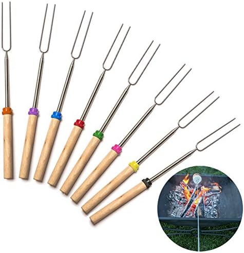 Marshmallow Roasting Sticks Extendable Set of 8 Telescoping roasting BBQ sticks, 32" Rotating Smores Skewers BBQ Hot Dog Fork Kids Camping Campfire Fire Pit Accessories with Free Pouch &amp; Wooden Handle