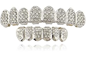 Psivika Gold Teeth Grillz for Men Grills for Your Teeth Women 18K Plated Iced Out Diamond Poker Heart CZ Top and Bottom Grill Set Hip Hop Rapper