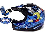 TMS Youth Kids Black/Blue Punk Dirt Bike Atv Motocross Helmet Mx+goggles+gloves (Large)