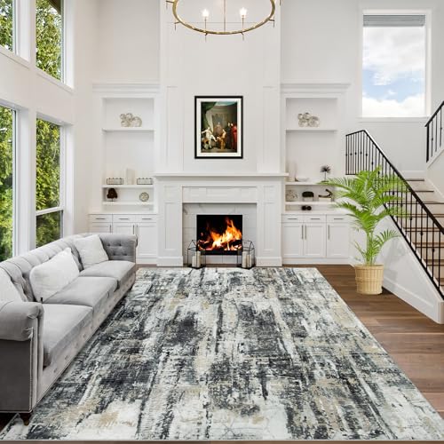 8x10 Area Rugs for Living Room: Washable Abstract Black Grey Gold Carpet