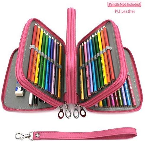 72 Slots Pencil Case - PU Leather Handy Multi-Layer Large Zipper Pen Bag with Handle Strap for Colored/Watercolor Pencil