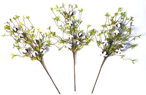 Cotton Stems - 26" Tall Real Elastic Cotton Stalk Rustic Floral with Artificial Green Leaves for Wall or Desk Decor, Wedding Centerpiece (Pack of 3)