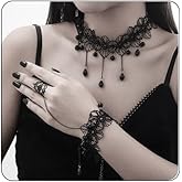 Bestleey Gothic Layered Lace Choker Necklace Earrings Set for Women,Vintage Black Crystal Tassels Necklaces Earrings Set Statement Punk Style Necklaces Earring Halloween Dark Vampire Jewelry