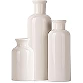 White Ceramic Vase Set - 3 White Small Vases, Farmhouse Country Flower Vase Home Decor, Living Room Decoration, Table Decoration, Fireplace Decor, and Entrance Decorations Centerpieces