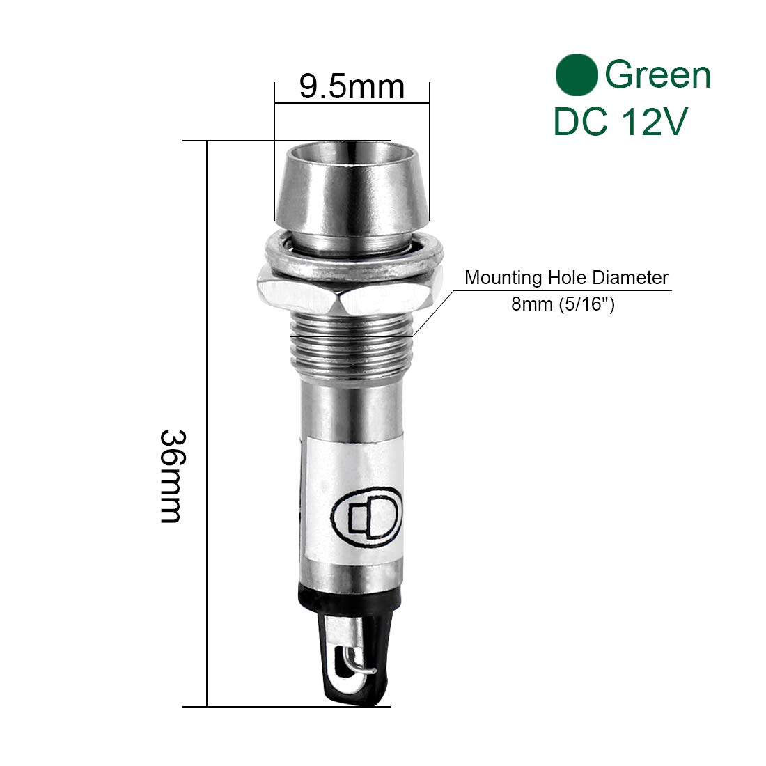 sourcing map Indicator Light DC 12V, Green, Metal Shell Panel Mount 5/16" 8mm 4Pcs - Image 3