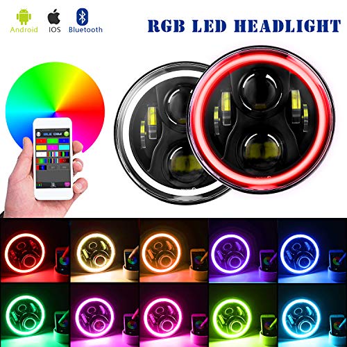 DOT Approved 7″ LED Headlights Bulb RGB Halo Angel Eye for 1997-2018 Jeep Wrangler JK LJ Sahara Sport Rubicon Hummer H1 H2 Headlamp Driving Light DRL-2Pack RGB Headlight