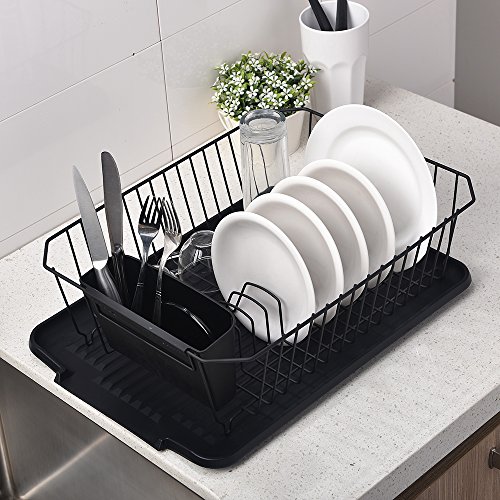 Black Kitchen Dish Drying Rack with Black Drain Board for Plates, Forks&Knife and Cups