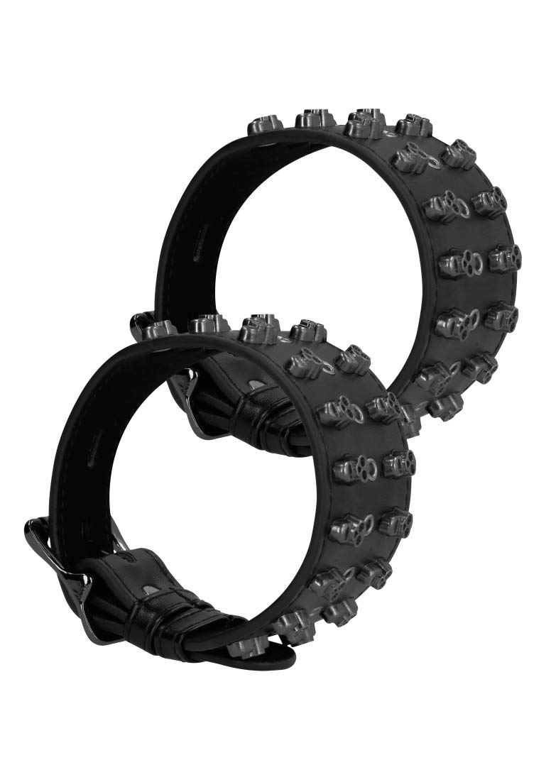 Ouch! by Shots - Leather Anlke Cuffs with Metal Skulls - Black