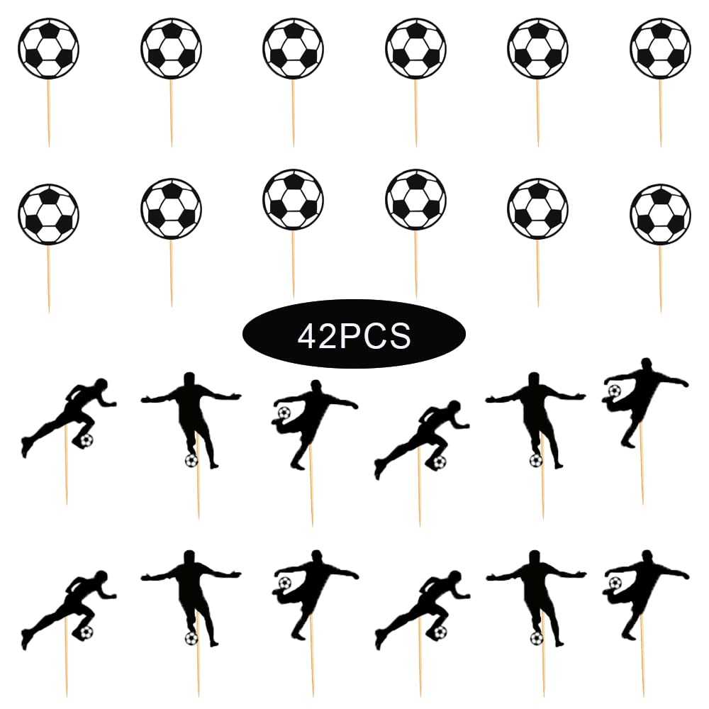 Maigendoo 42pcs Football Cake Toppers Happy Birthday Cake Decoration Soccer Ball Cupcake Toppers for Soccer Player Themed Desserts World Cup Sports Party Super Bowl Party Decor Favor Supplies