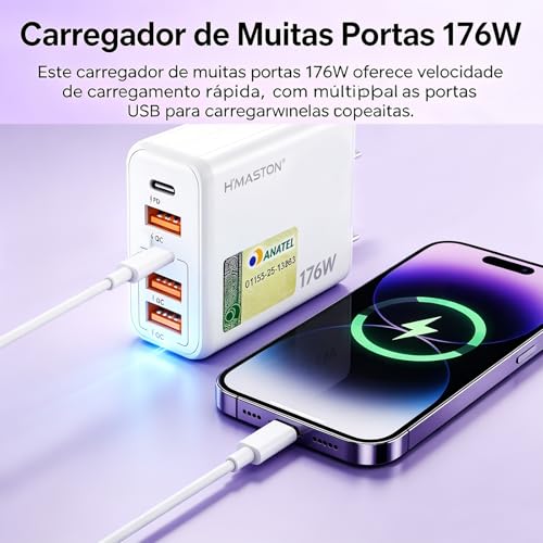 Carregador USB-C Turbo 176W Fonte Tipo C Carregador Celulares de Pared 5 Portas 3USB+2USB-C Universal Compatível com iPhone HUAWEI Samsung Xiaomi Redmi Motorola
