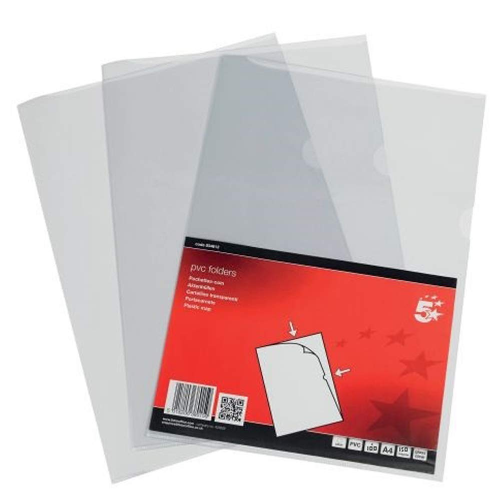 100 x 5 Star Office A4 Plastic Glass Clear 150 Micron Folder Document Sleeve Protectors, Top & Side Open, Copy-Safe
