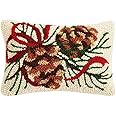 Peking Handicraft Balsam Ribbons Pinecones Christmas Mini Hooked Wool Pillow - 8" x 12"