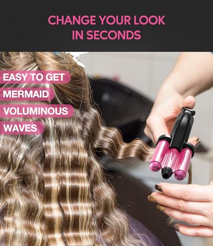 Mini Hair Crimper 3 Temperature Adjustable, 3 Barrel Curling Iron for Short Hair, Hair Waver for Women Beach Waves, 1/2 Inch Travel Size, Dual Voltage, Pouch Bag