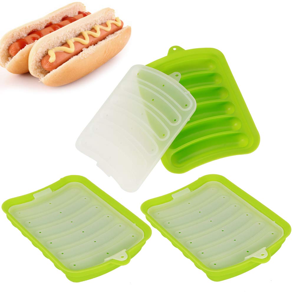 Zerodis Silicone Sausage Mold Non-Stick, 3 Pack DIY Children's Hot Dogs Baking Mold BPA Handmade Sausage Hamburger Tray Baby Food Mould, 6-Cavity (Red&Green)(Green)