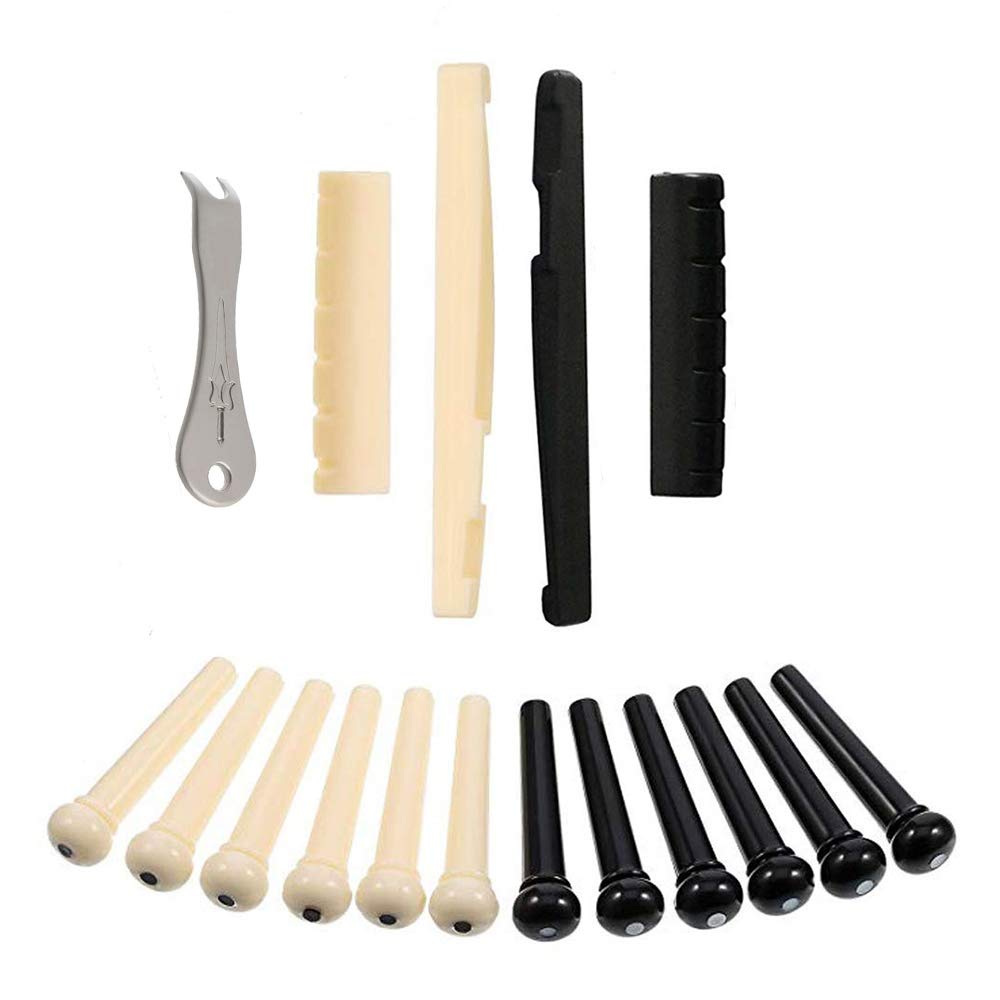 17 Pcs Guitar Bridge Pins Acoustic with Bridge Pegs Pin Puller Remover and Guitar Saddle Nut Set, for improving the sound quality of your guitar and strengthen sustain (Black, Ivory)