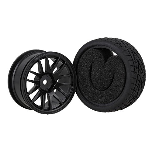 Mxfans 12mm Hex Black Plastic 14-Spoke Wheel Rims & Black Fish Pattern Rubber Tires for RC 1:10 On Road Racing Car Pack of 4