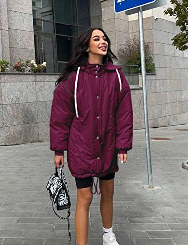 PRETTYGARDEN WOMEN’S 2023 HOODED PUFFER JACKETS LONG SLEEVE BUTTON DOWN BELTED WARM WINTER TRENCH COAT OUTERWEAR WITH POCKETS (PURPLE RED,X-SMALL)