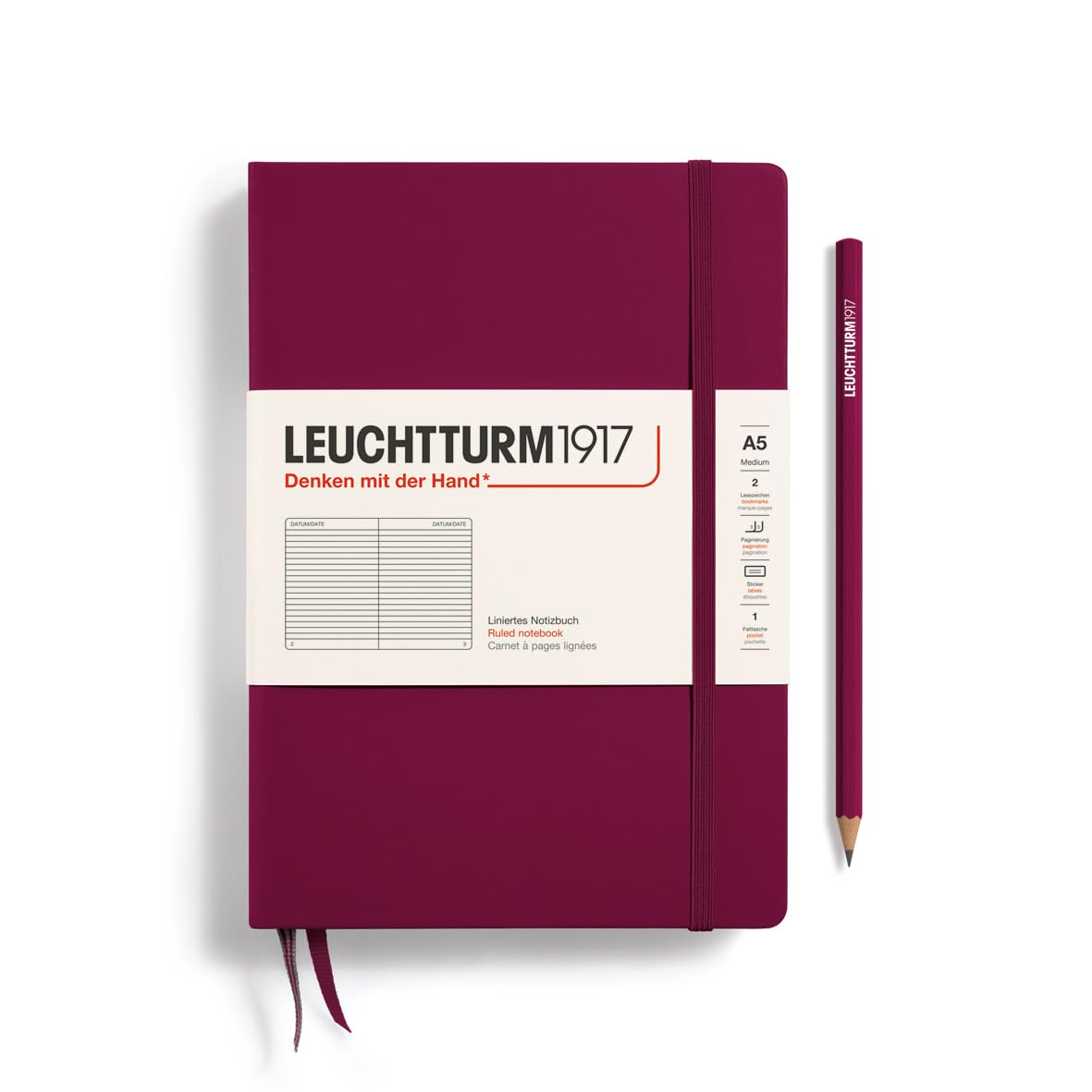 LEUCHTTURM1917 Notebook Medium (A5), Hardcover, 251 Numbered Pages Port Red, Ruled