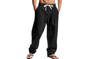 TAFLE Mens Linen Pants Casual Summer Beach Pants Elastic Waist Drawstring Lightweight Vacation Trousers with Pockets