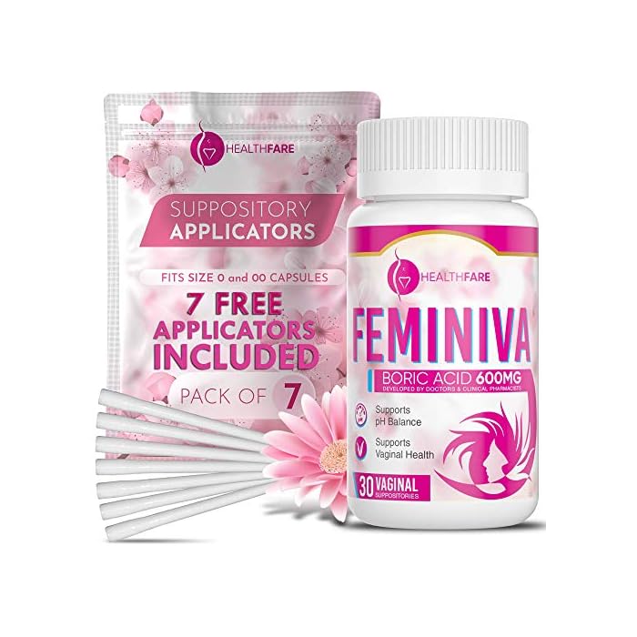 HEALTHFARE Feminiva Boric Acid Vaginal Suppositories - 30 Count, 600mg, Intimate Health Support - 100% Pure Made in USA