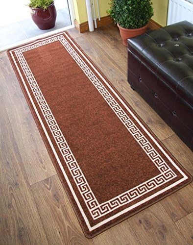 FunkyBuys Designer Quality Greek Key Anti Slip Non Slip Machine Washable Rug Door Mats Kitchen Home Rugs. Available in 7 Sizes (80cm x 150cm) (Dark Brown)