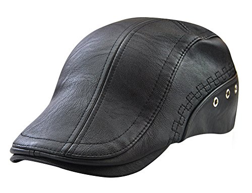 Men's Leather Newsboy Cap Ivy Gatsby Flat Golf Driving Hunting Hat Black