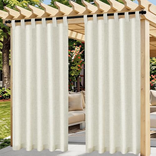Linen Outdoor Curtain, Set of 2 Waterproof Outdoor Curtains, Outdoor Pergola Curtain with Eyelets at the Top, Blackout Outdoor Curtain for Patio, Balcony, Gazebo, Door (132 x 215 cm, Beige)