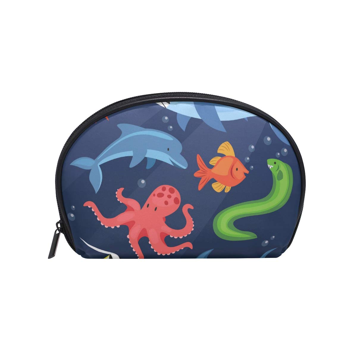 Half Moon Cosmetic Makeup Cartoon Animal Shark Octopus Whale Print Toiletry Bag Pouch Travel Handy Purse Organizer Bag for Women Girls