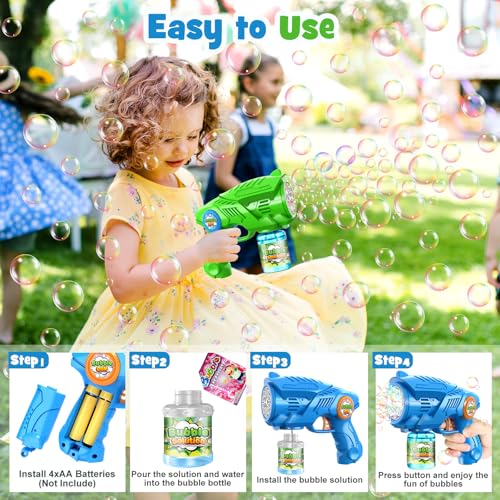 Nicmore 2 Electric Bubble Gun Children: Bubble Machine with 2 Soap Bubbles Refill Solution & LED Light One Button Start & Leak-Proof Bubble Gun for Outdoor Party (3+ Years)