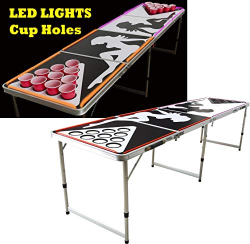 LED Lights Beer Pong Table with Holes for Cups 8' Aluminum Portable Adjustable Folding Indoor Outdoor Tailgate Drinking Party Game Squad Show Girl 01 - Thumbnail 6