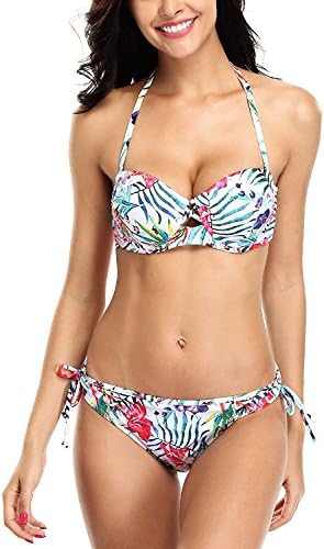 Pretty Womens Rerto Two Piece Bikinis Halter Bikini Swimsuit Sets with Underwire Tropical Green-wirefreeMedium